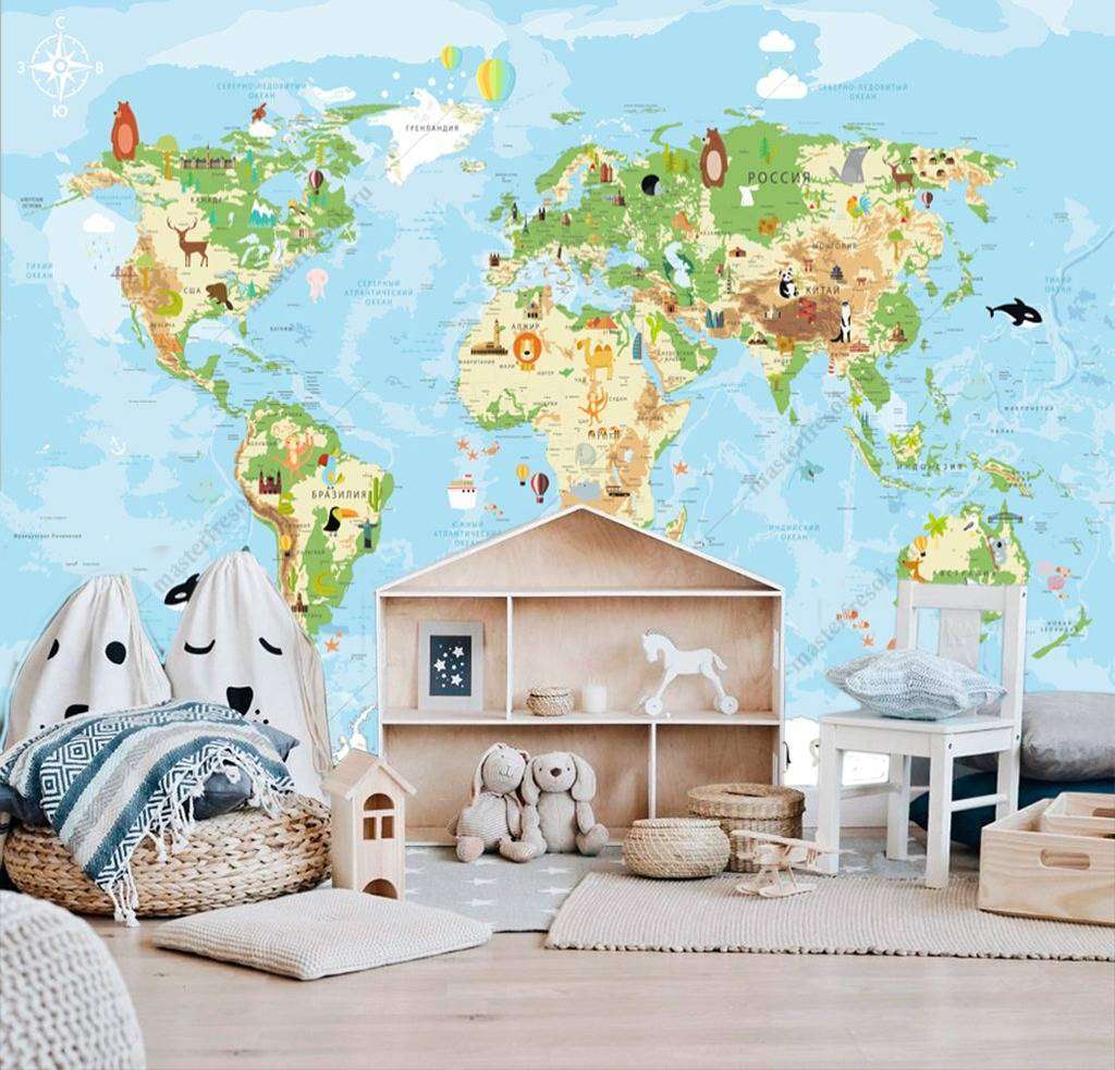 Фотообои в интерьере карта мира цветная  12-998 фото