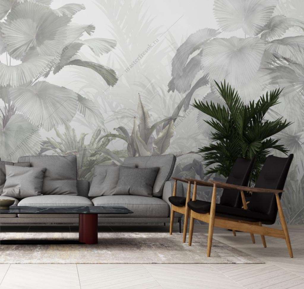 Фотообои Бесшовные обои на стену:  Тропический лес серый. Артикул: 10-975  