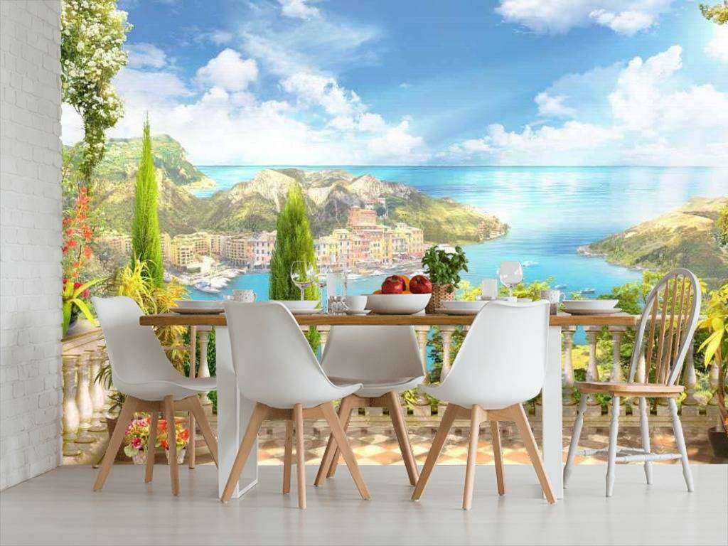 Фотообои в интерьере терраса с видом на приморский город  17-0055 фото