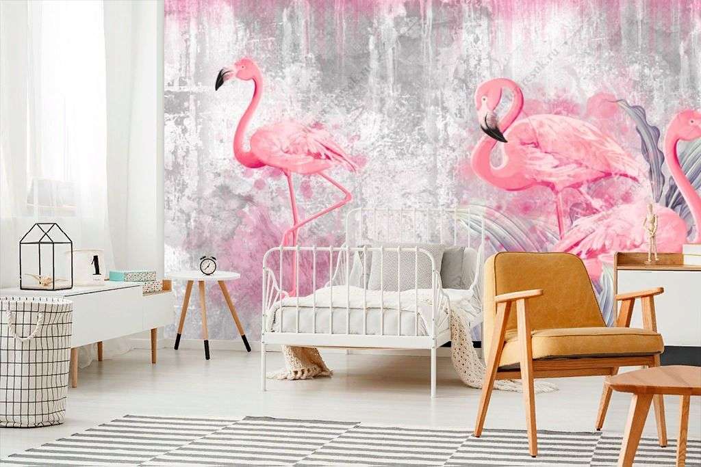 Фотообои в интерьере фламинго на сером фоне  9-1483 фото