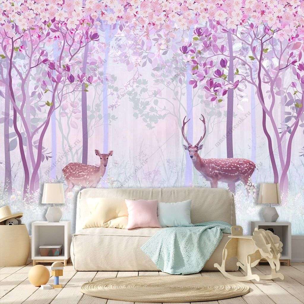 Фотообои в интерьере розовый лес с оленем  12-1484 фото