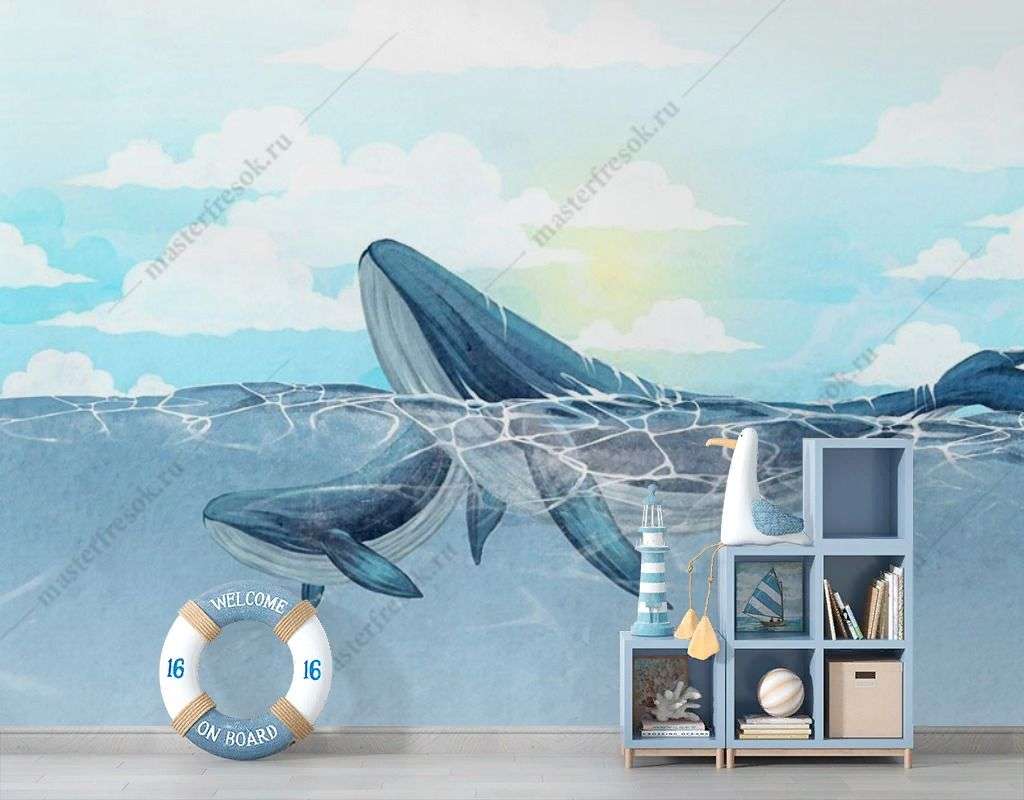 Фотообои в интерьере семейство китов  12-1444 фото
