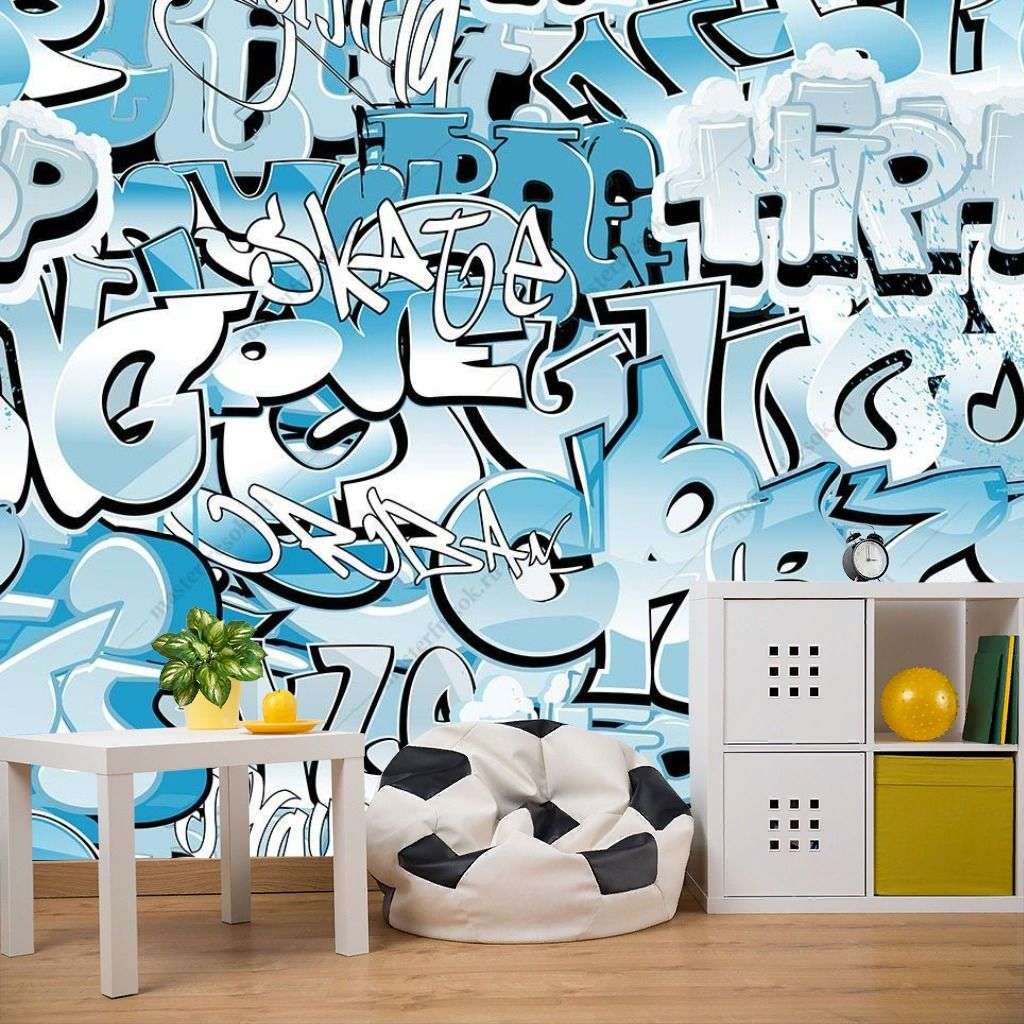 Фотообои в интерьере голубое граффити  12-1277 фото