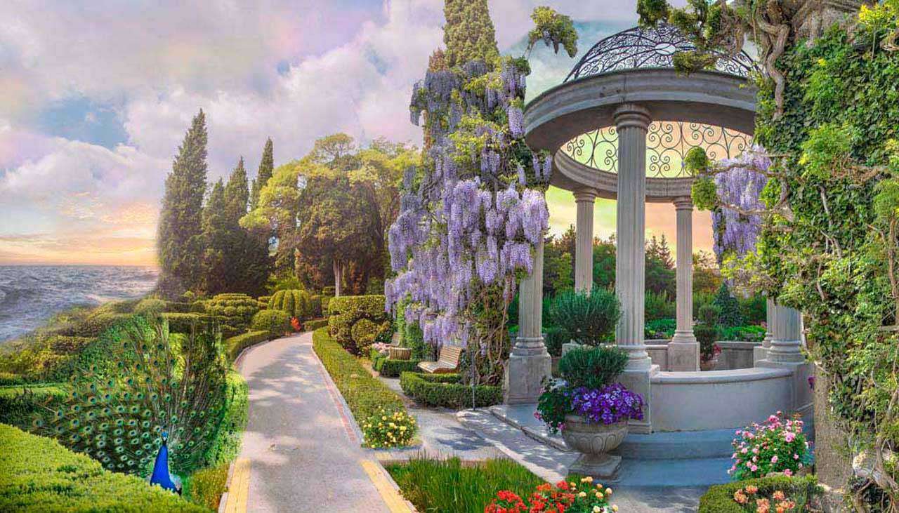 Фотообои в интерьере беседка в парке с павлином  6-023 фото