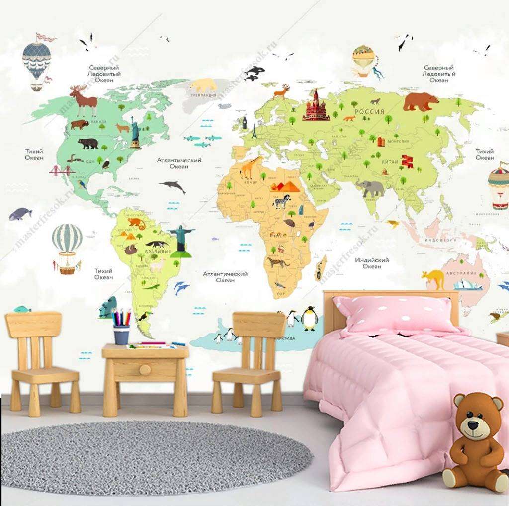 Фотообои в интерьере разноцветная карта на белом фоне  14-181 фото