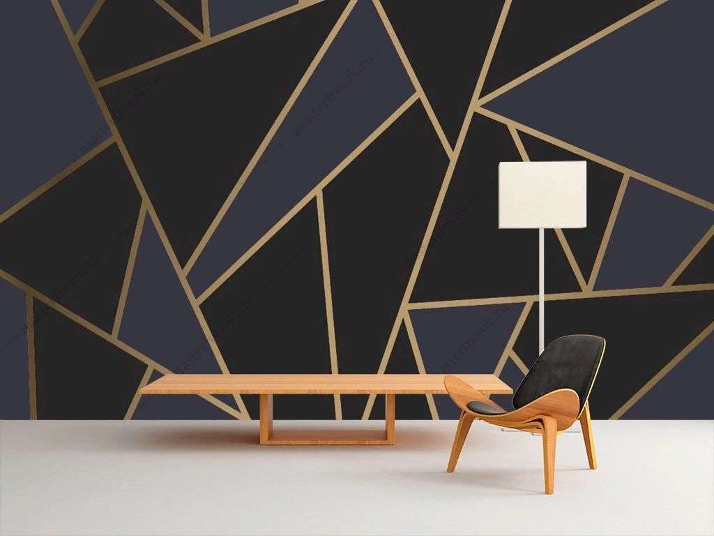 Фотообои в интерьере золотые треугольники на черном фоне  9-1492 фото