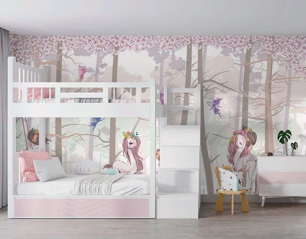 Фотообои в интерьере принцесса и единорог в лесу  14-313 фото