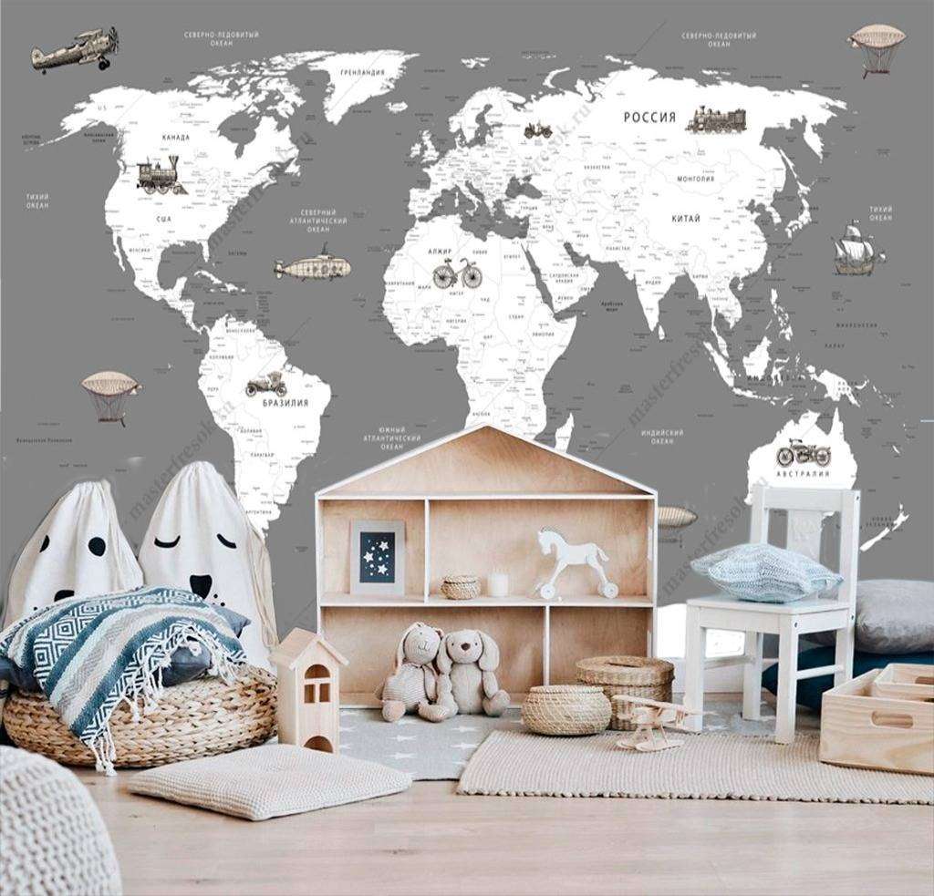 Фотообои в интерьере карта мира белая на сером фоне  12-988 фото