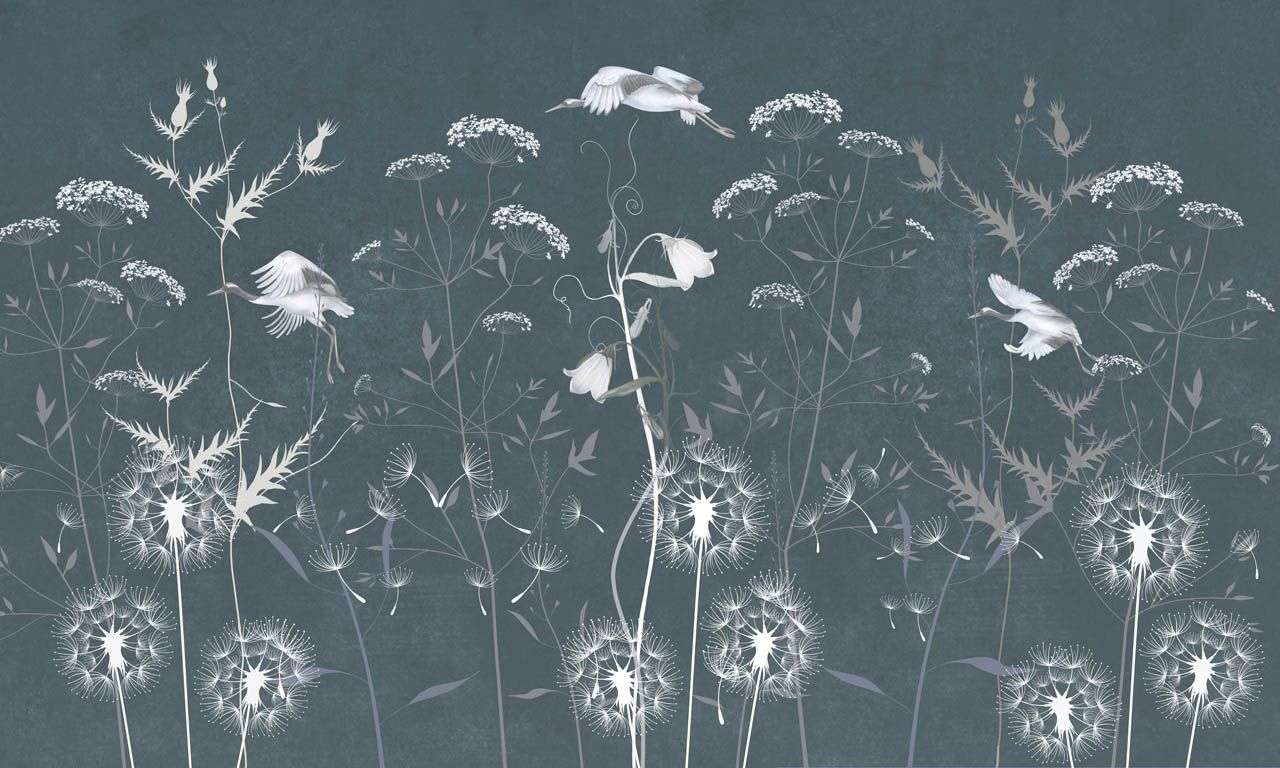 Фотообои в интерьере полевые цветы на темном фоне  13-693 фото