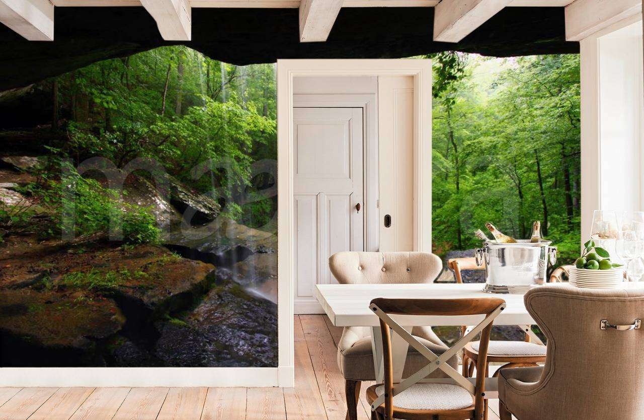Фотообои в интерьере пещера лесной водопад  4-382 фото