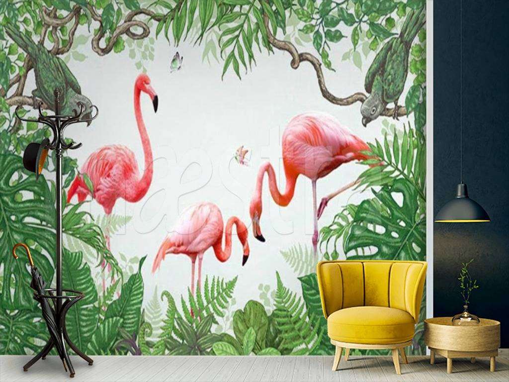 Фотообои в интерьере фламинго в тропиках  15-527 фото