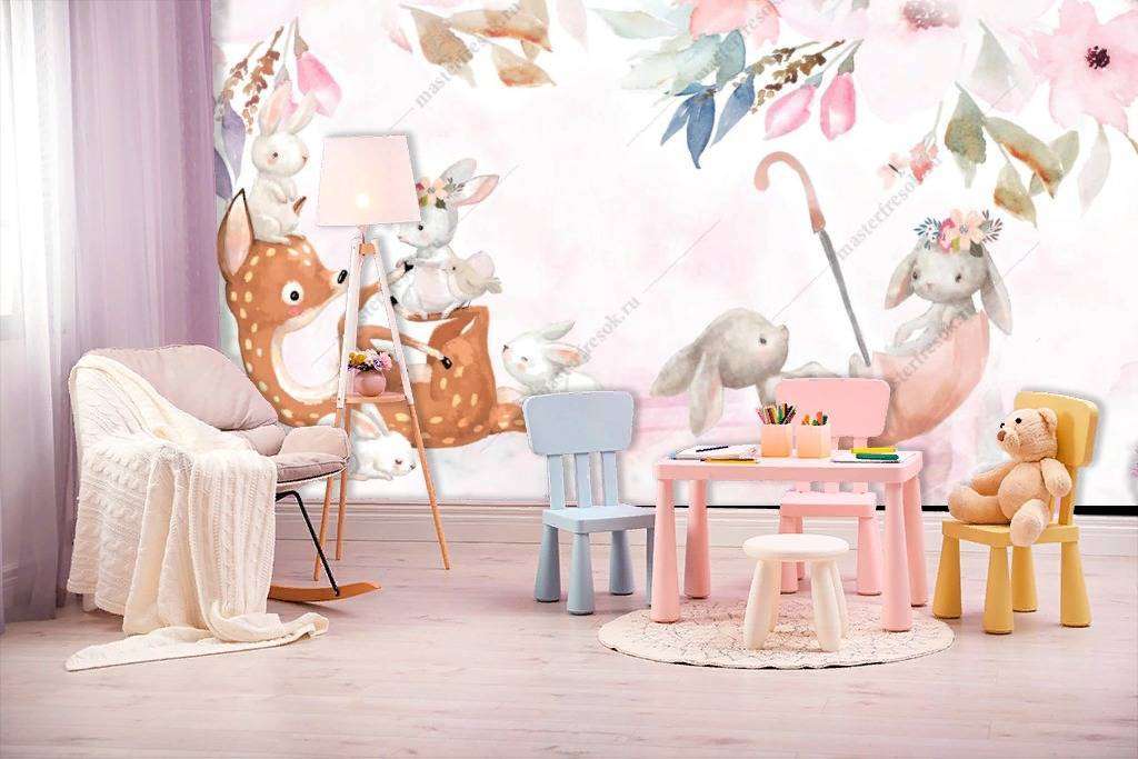 Фотообои в интерьере зайка в зонтике  13-215 фото