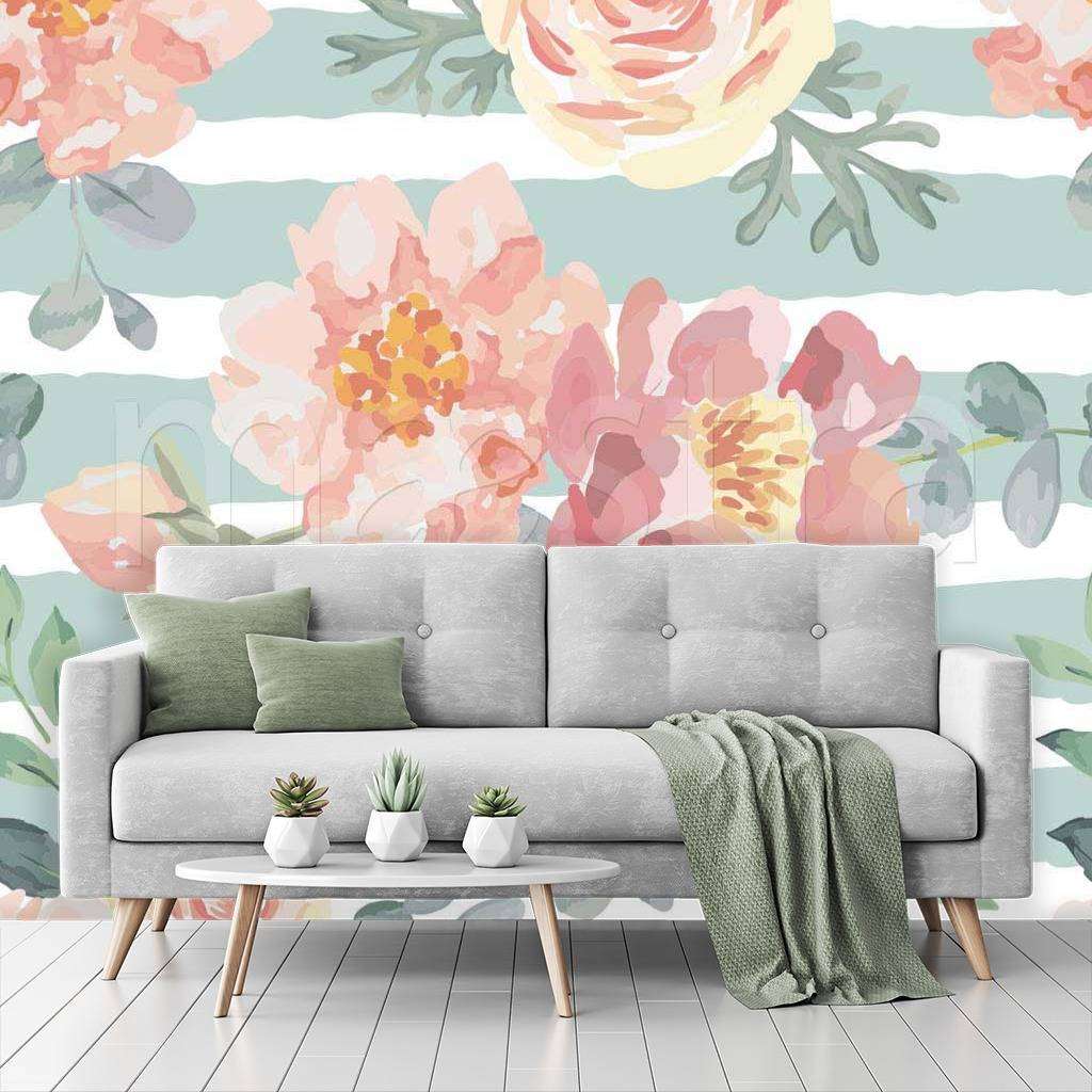 Фотообои в интерьере розовые цветы на сером фоне  9-125 фото