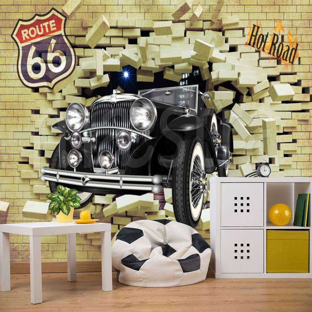 Фотообои в интерьере ретро автомобиль выезжает из стены  12-385 фото