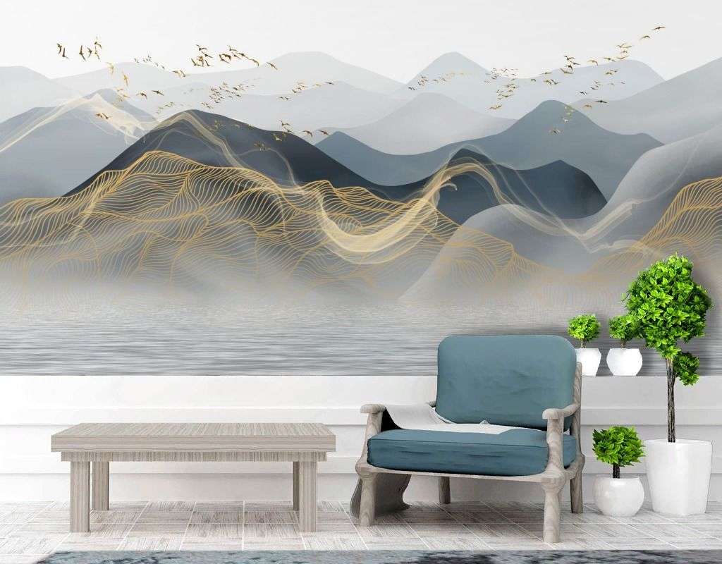 Фотообои в интерьере золотые разводы в горах   14-747 фото