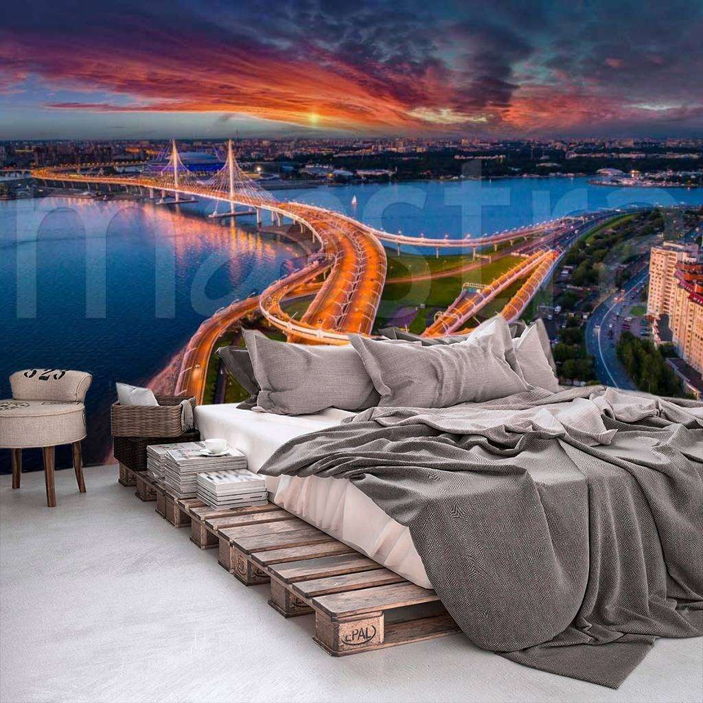 Фотообои в интерьере мост ночью в питере  9-688 фото