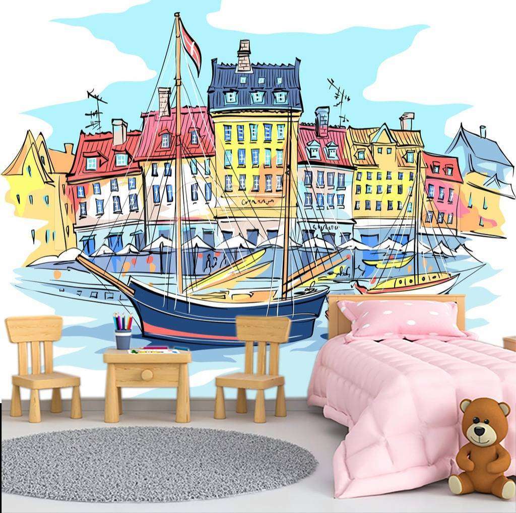 Фотообои в интерьере набережная с домиками графика  12-499 фото