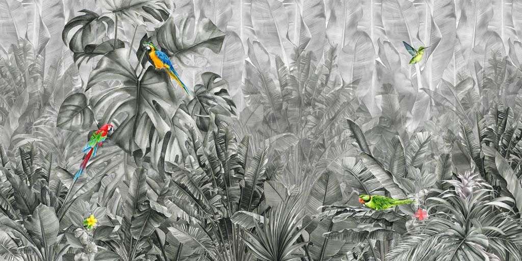 Фотообои в интерьере тропики в серых тонах  14-137 фото