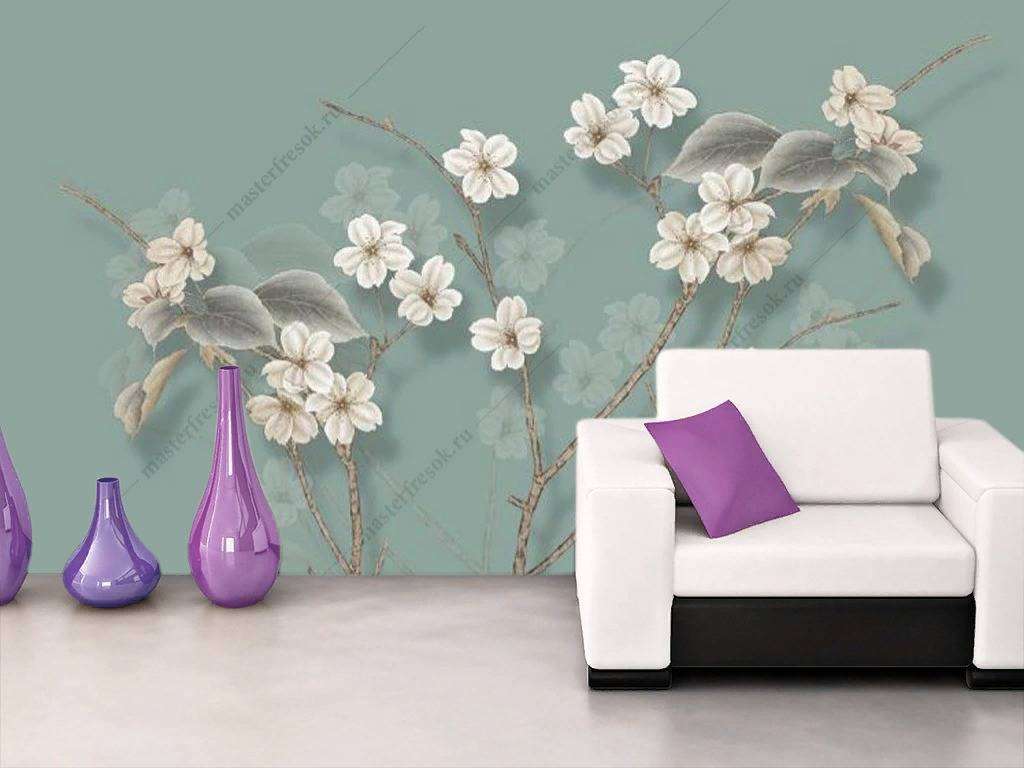 Фотообои в интерьере белые цветы сакуры  15-934 фото