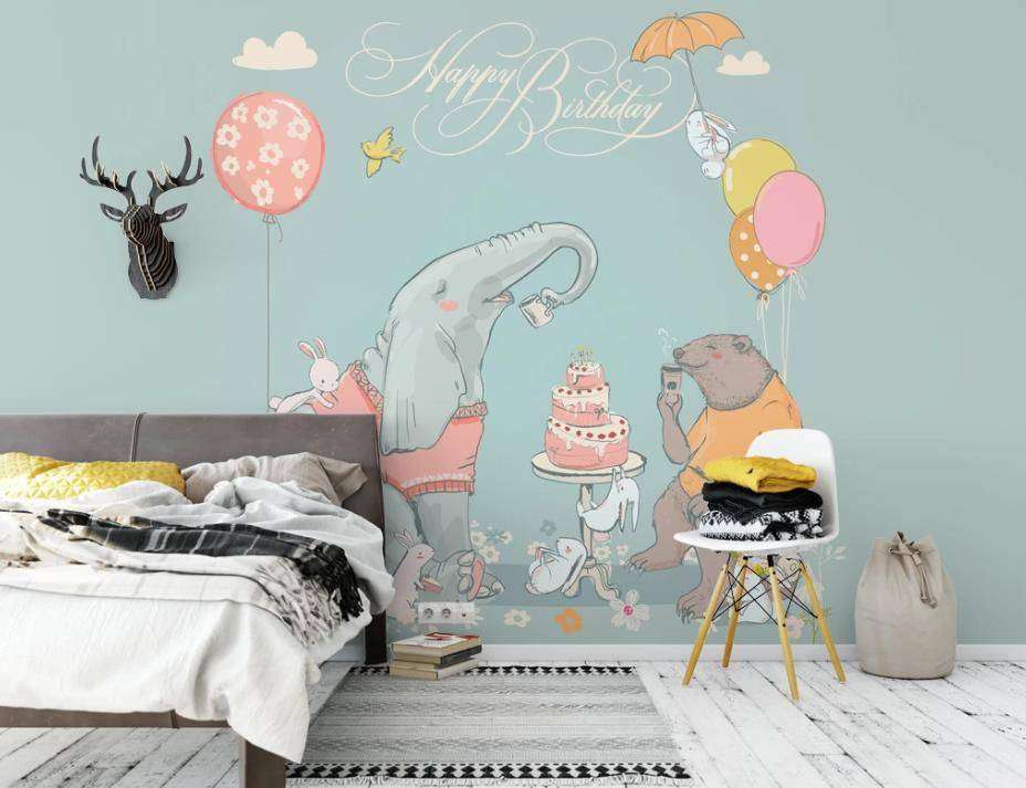 Фотообои в интерьере слон и мишка на дне рождения  15-313 фото