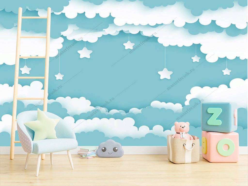 Фотообои в интерьере звезды в облаках на зеленом фоне  12-371 фото