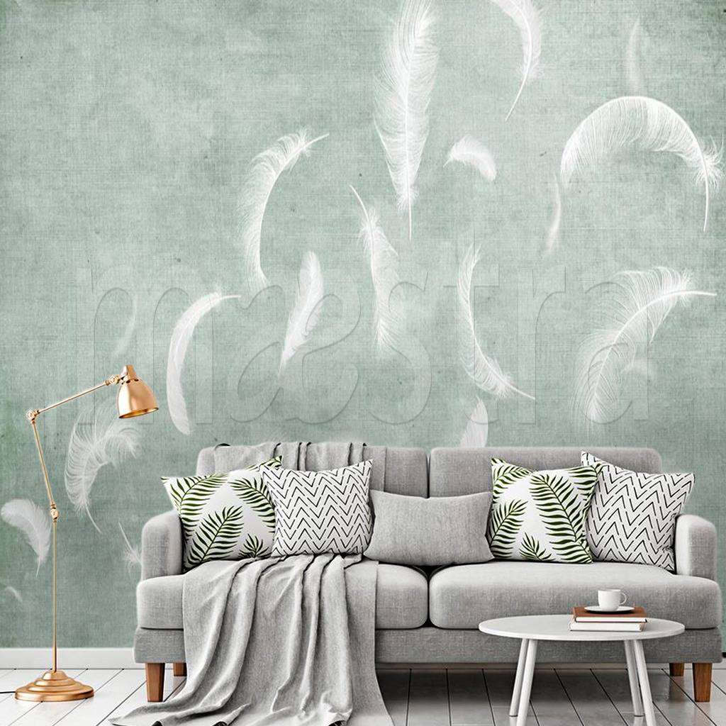 Фотообои в интерьере перья на нежном фоне  15-523 фото