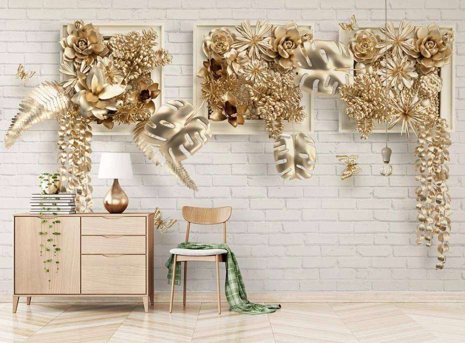 Фотообои Бесшовные обои на стену:  3д золотые цветы. Артикул: 15-368  