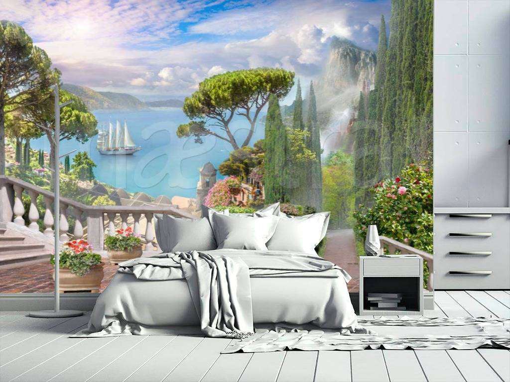 Фотообои Бесшовные обои на стену:  Терраса с лестницей к морю. Артикул: 7-090  