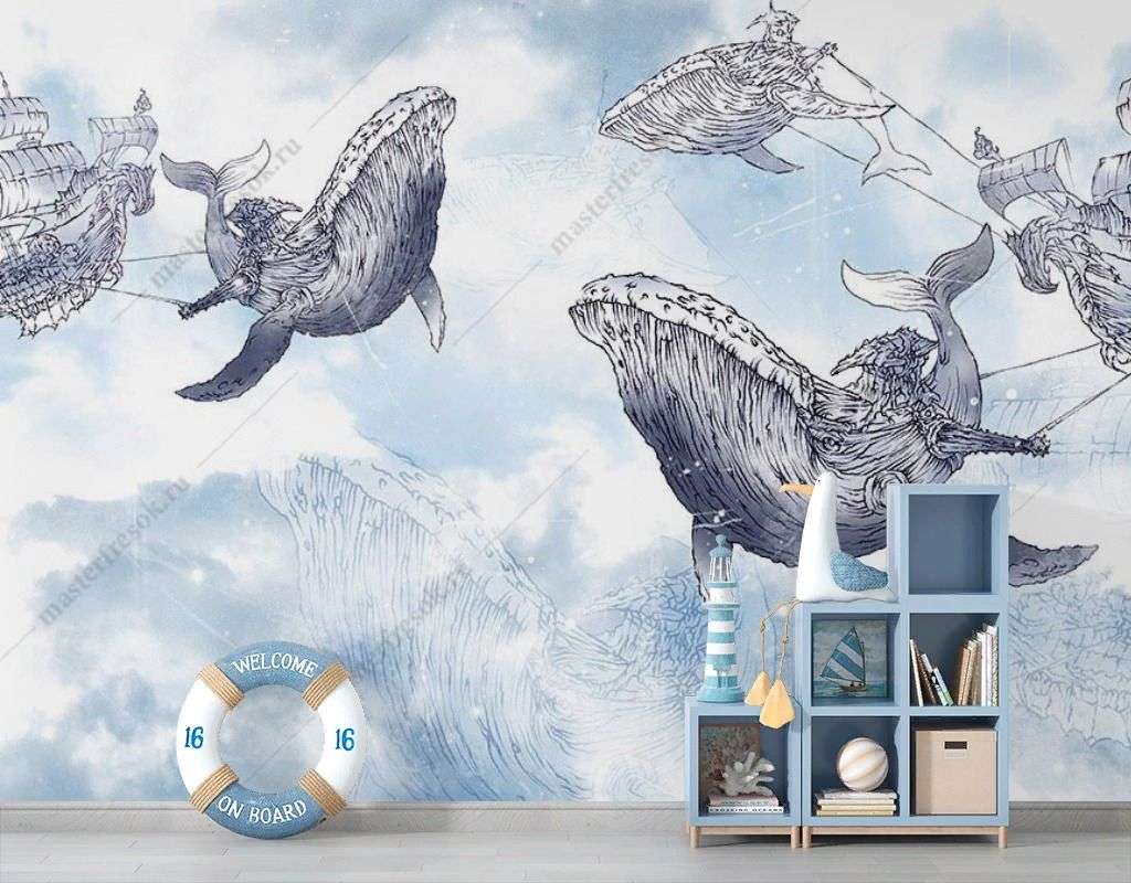 Фотообои в интерьере большие киты в небе  9-1700 фото