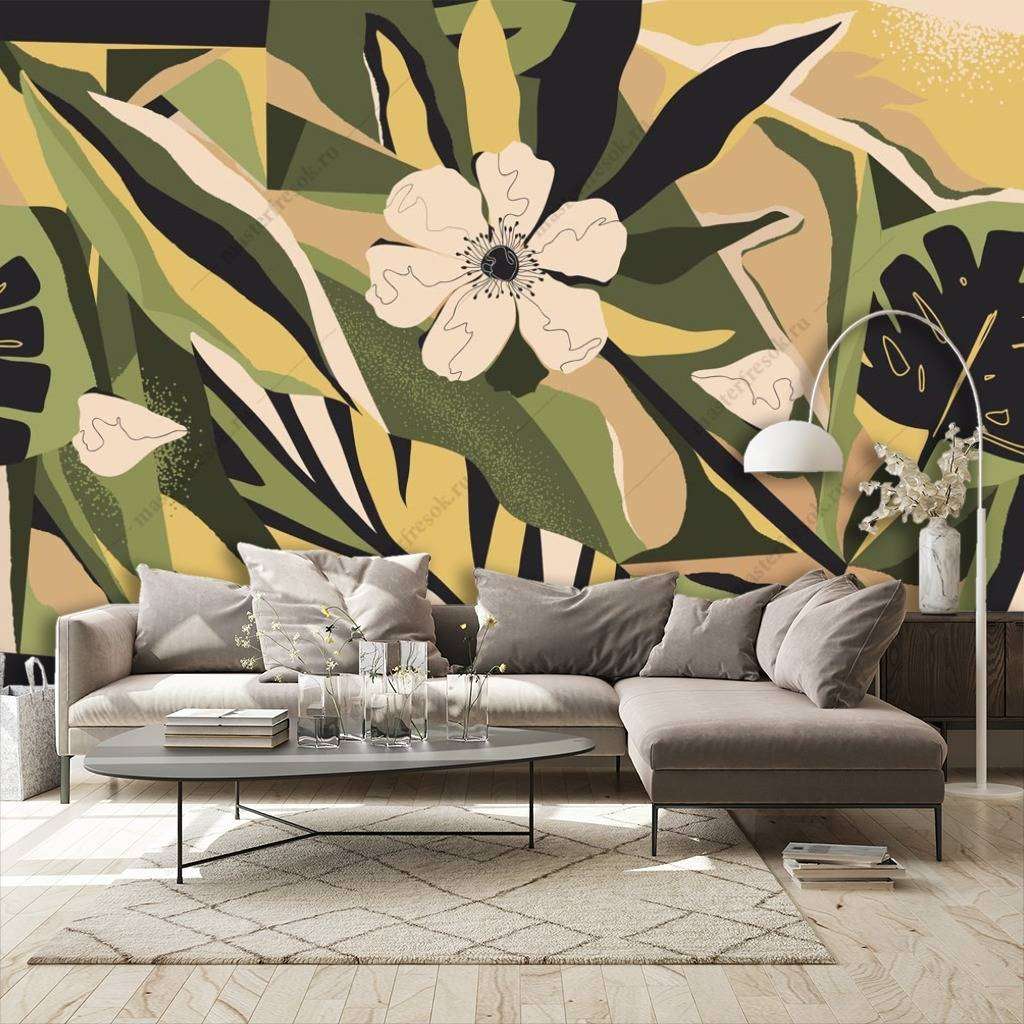 Фотообои в интерьере листья и цветы на бежевом фоне  9-1115 фото