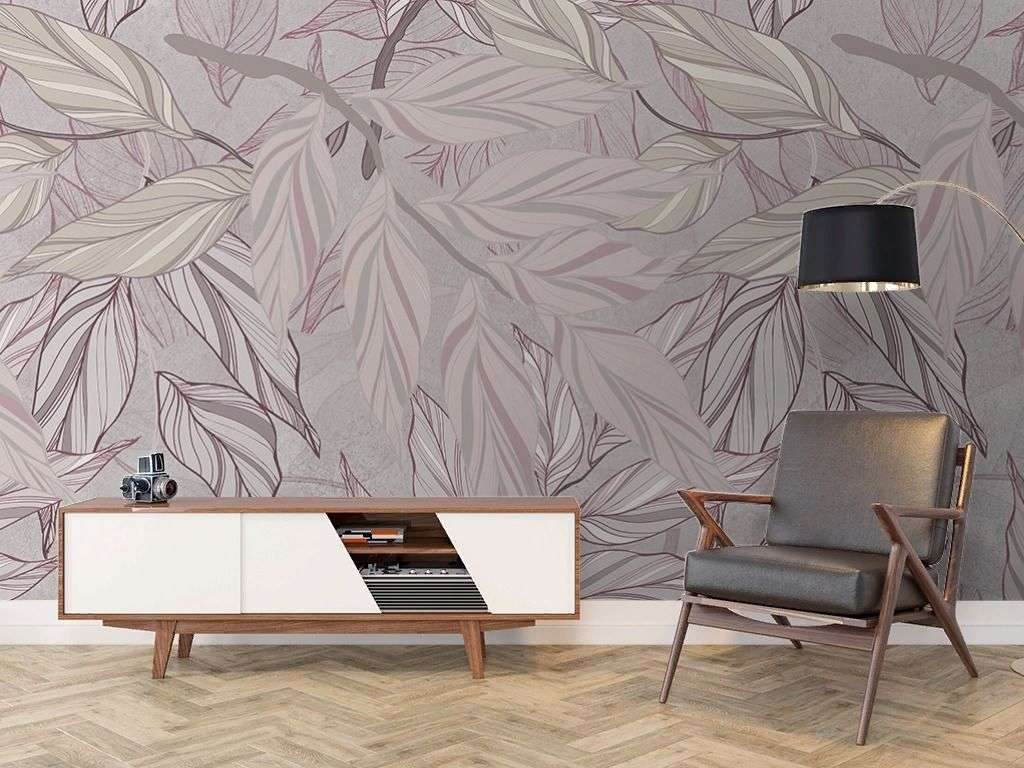Фотообои в интерьере в спальню веточки с листьями лиловые  9-1978 фото