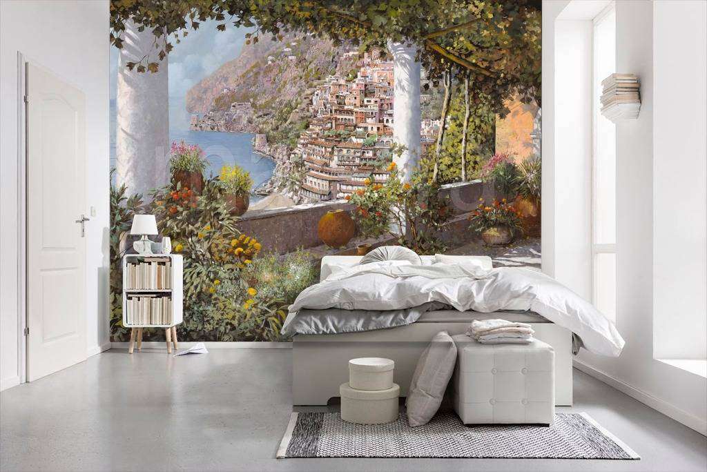 Фотообои в интерьере вид на красивое море с набережной  8-076 фото