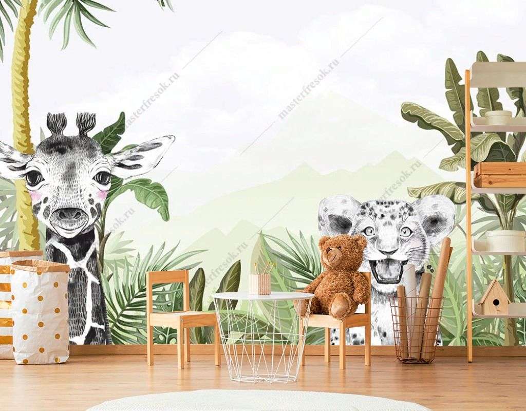 Фотообои в интерьере жираф и тигренок  14-431 фото