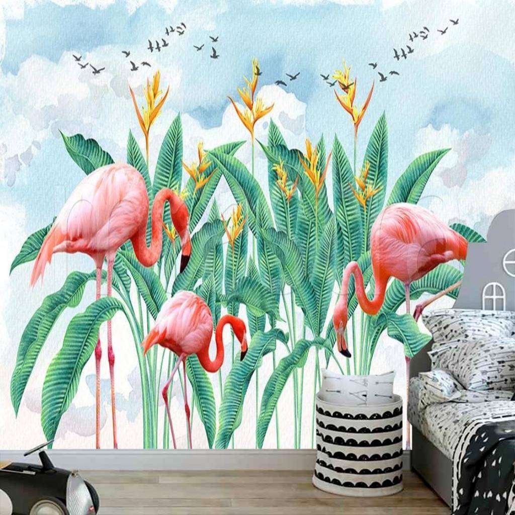Фотообои в интерьере фламинго в листьях  15-517 фото