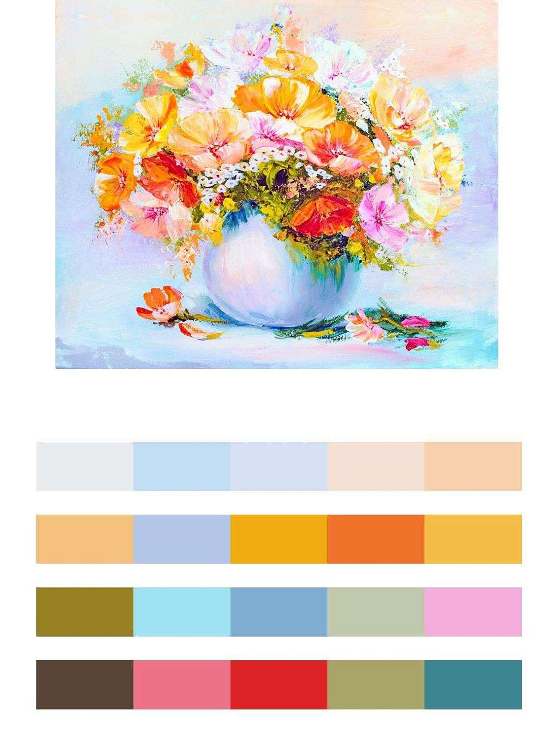 Желтые цветы в голубой вазе  9-115