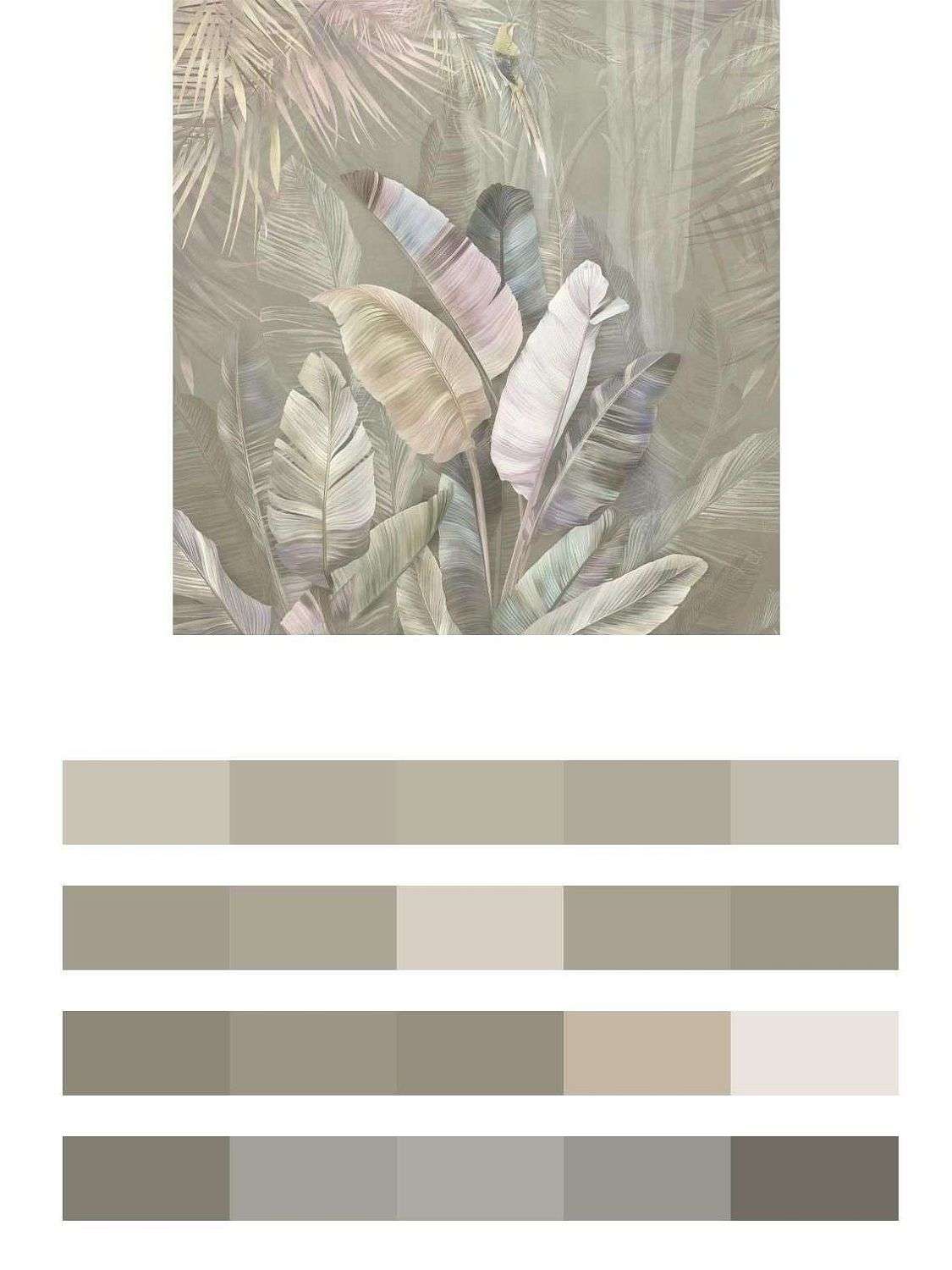 Банановые листья и птица на сером фоне  14-622