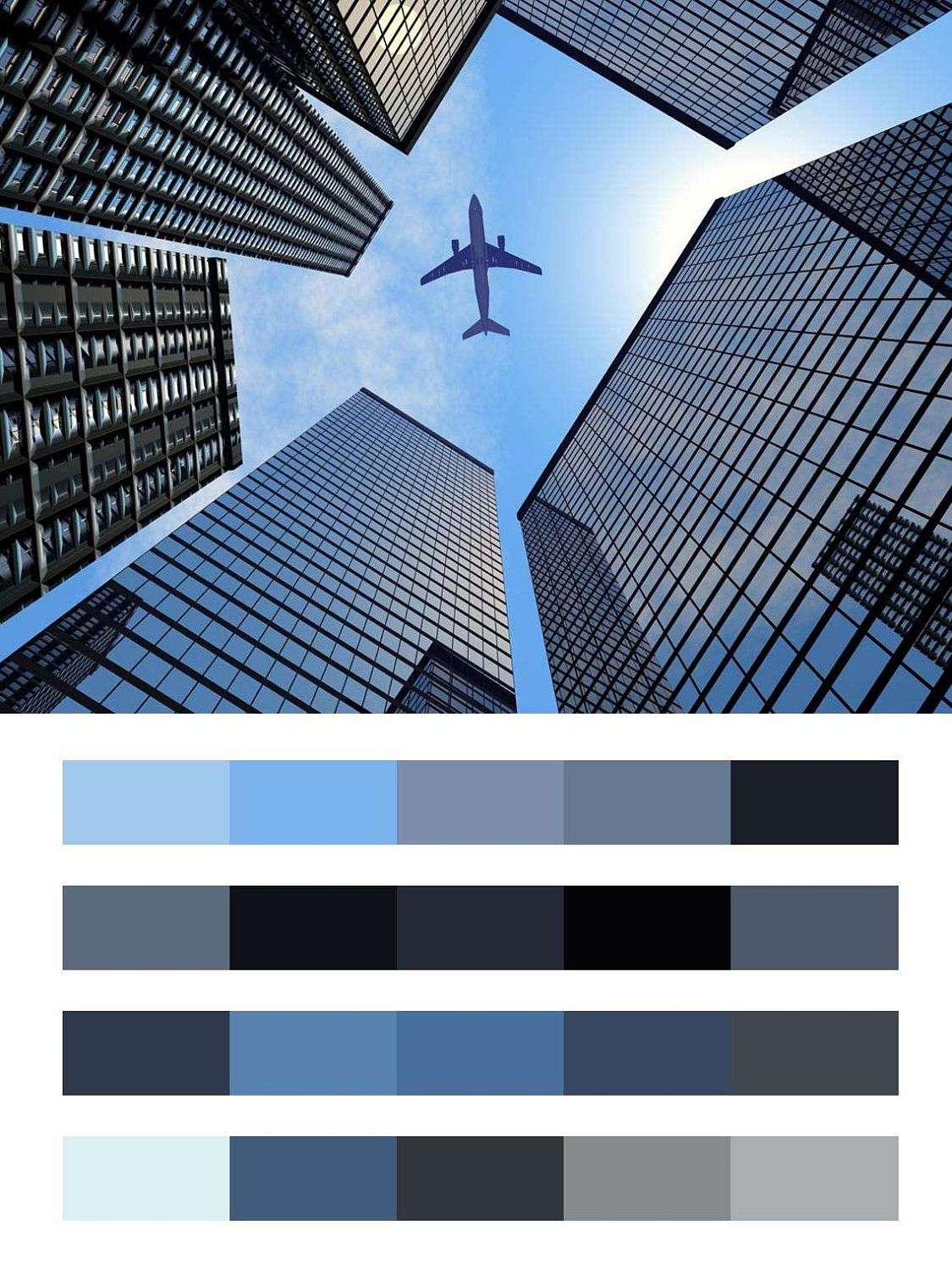 Самолет в синем небе и мегаполис  9-368