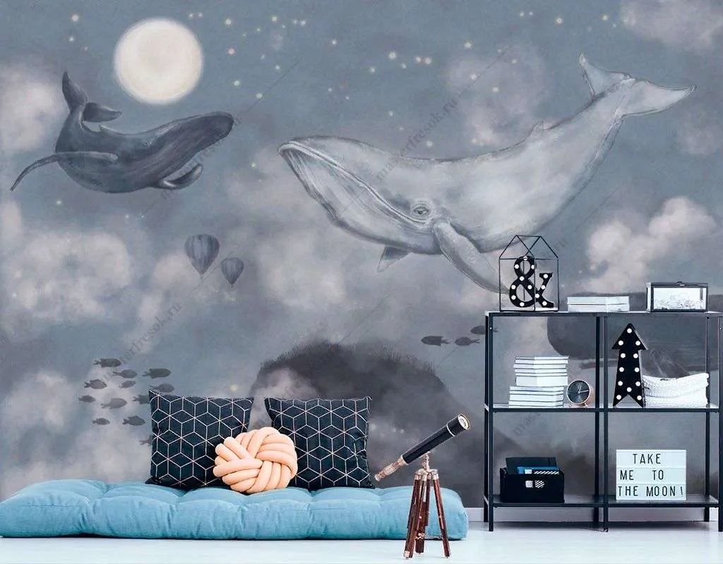 Фотообои в интерьере летающий кит  14-216 фото