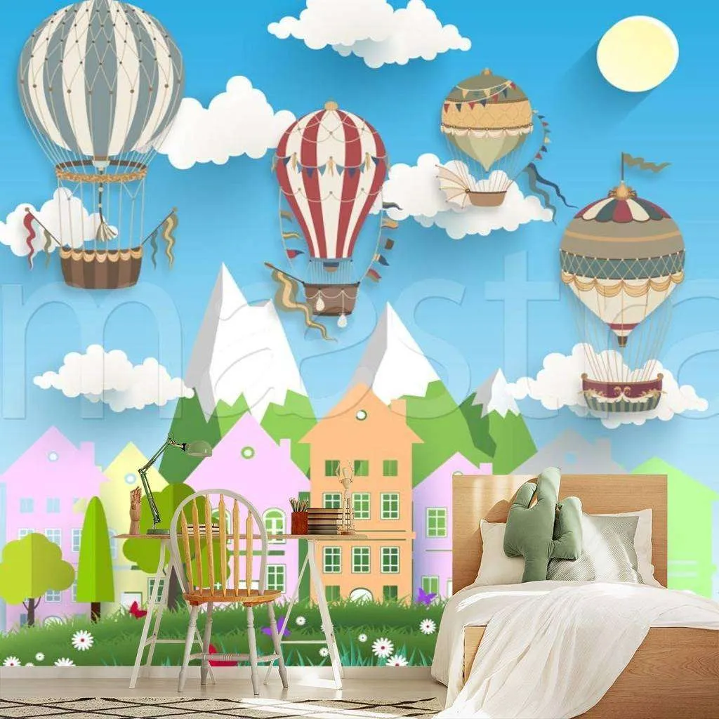 Фотообои в интерьере город с воздушными шарами  7-622 фото