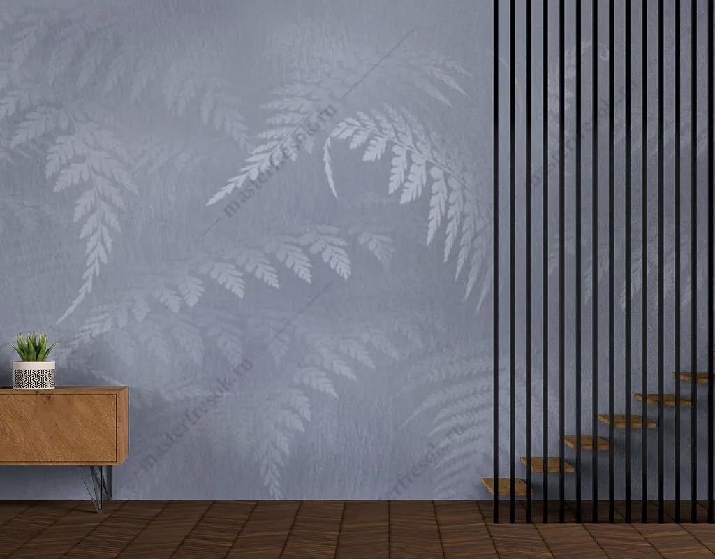 Фотообои в интерьере листья папоротника в тумане  13-467 фото