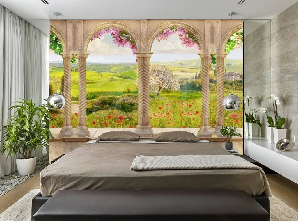 Фотообои в интерьере арка на террасе с видом на луг  7-157 фото