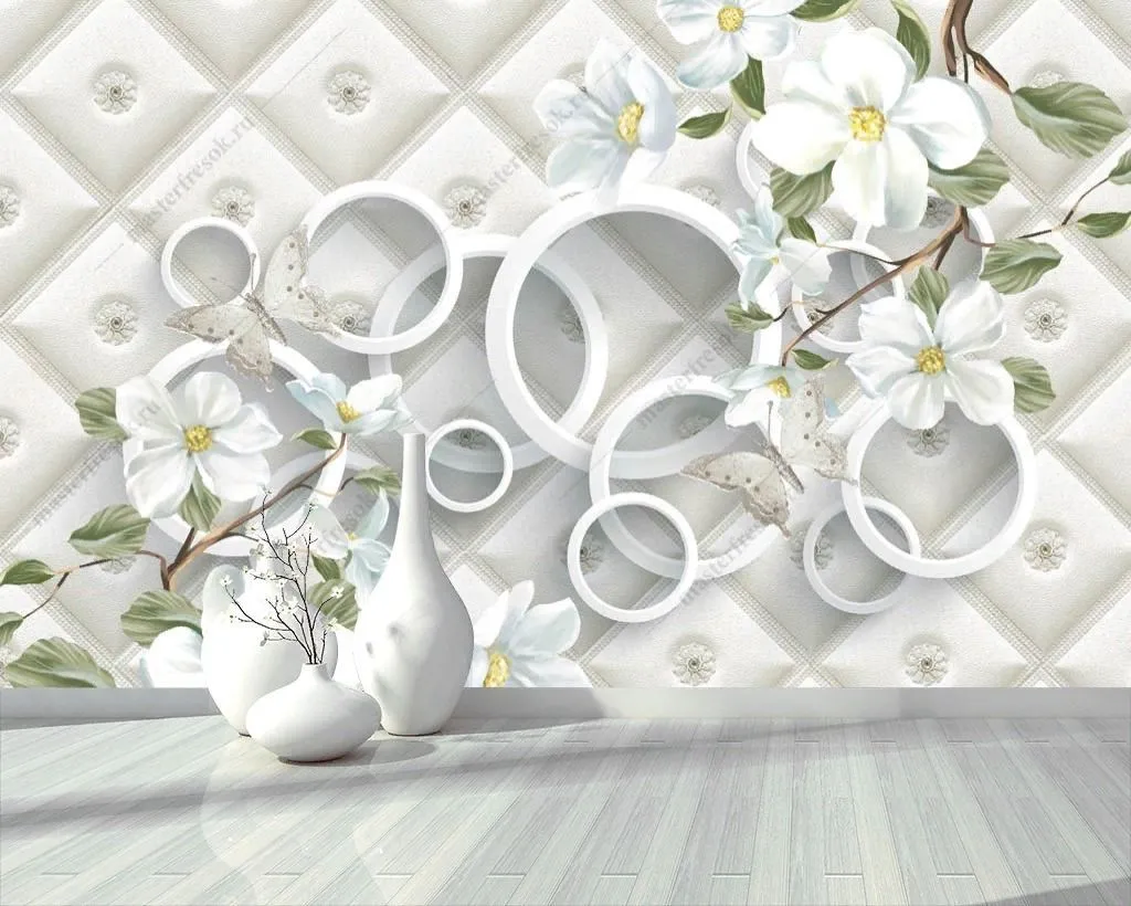 Фотообои 3д Белые круги с цветами  10-904