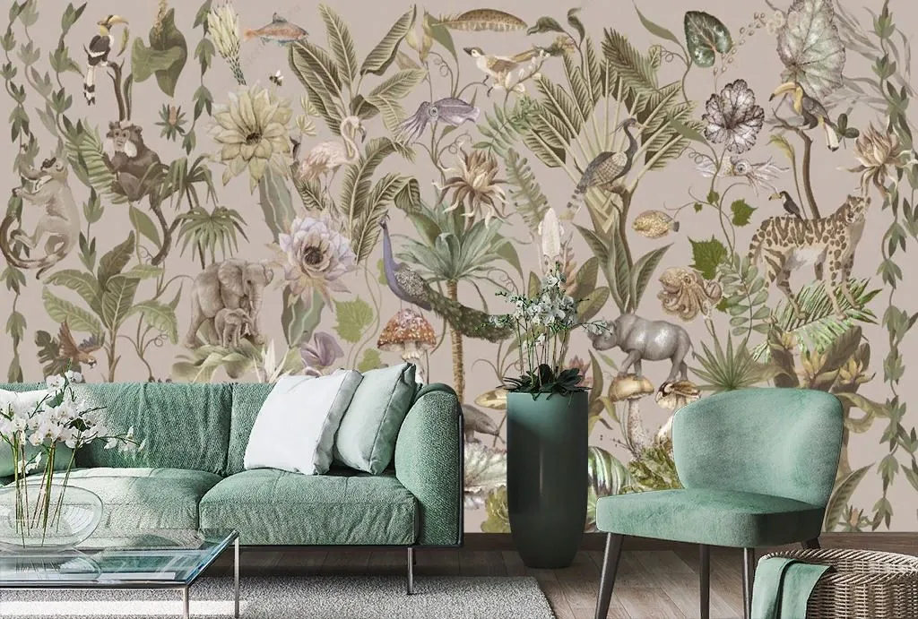 Фотообои в интерьере тропический принт на бежевом фоне  13-520 фото