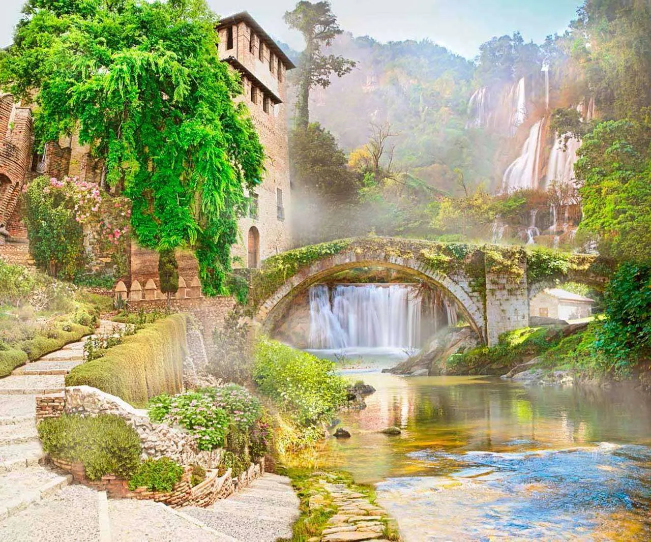 Фотообои в интерьере старая улочка ведущая к водопаду  5-010 фото