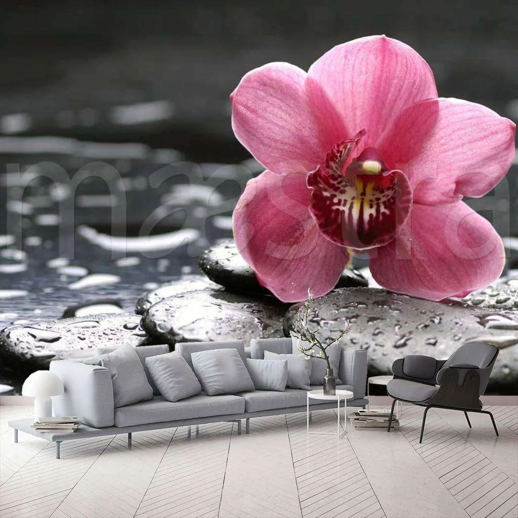 Фотообои в интерьере розовая орхидея и камни  4-005 фото