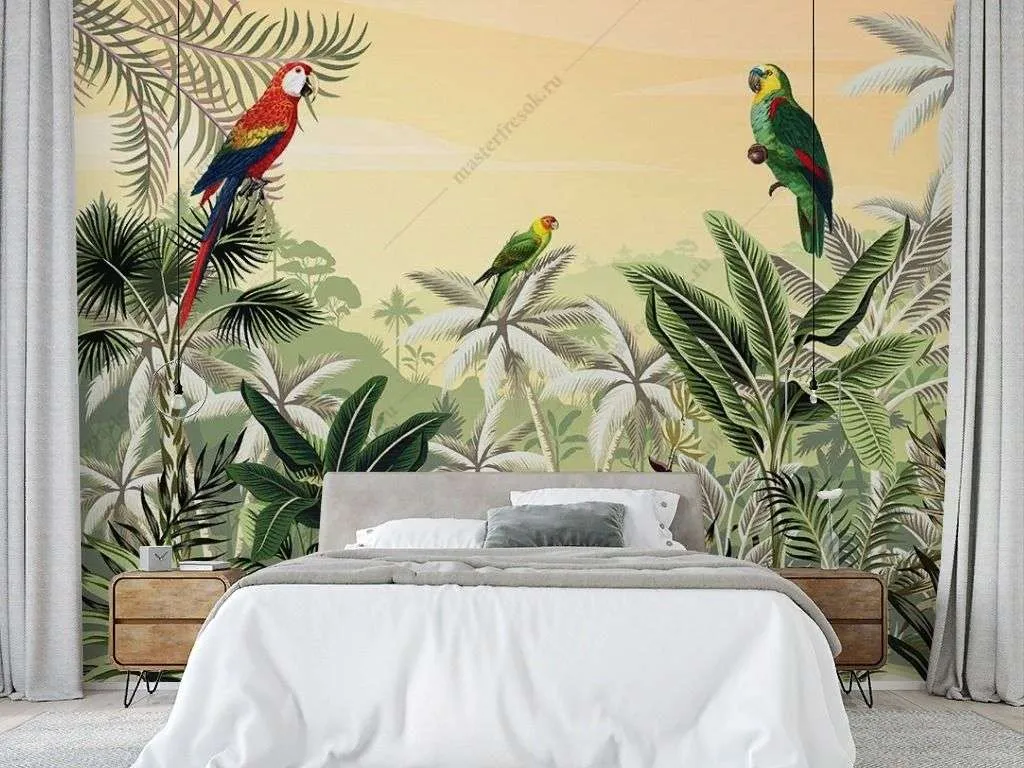 Фотообои в интерьере попугаи в тропиках  9-1751 фото