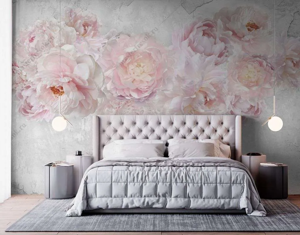 Фотообои в интерьере пионы на мраморном фоне  14-369 фото