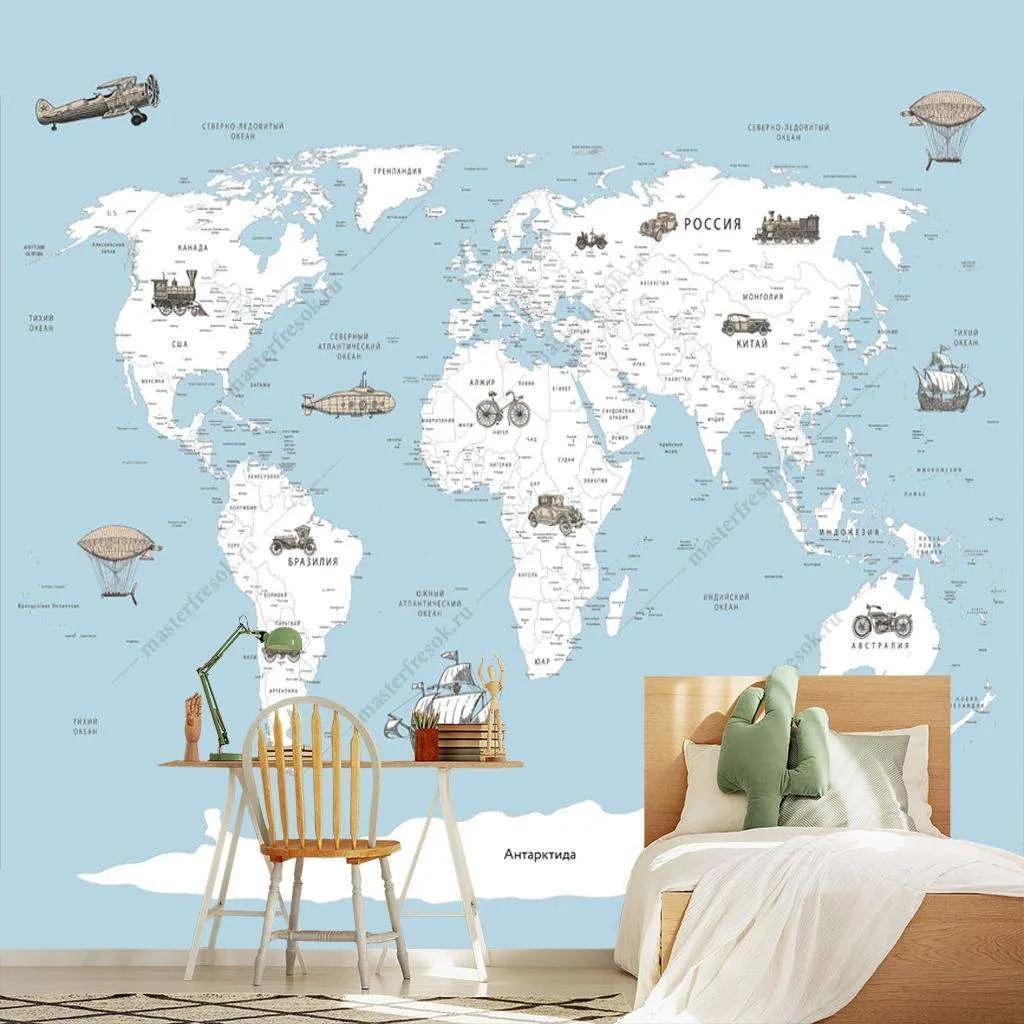 Фотообои в интерьере карта на голубом фоне  12-969 фото