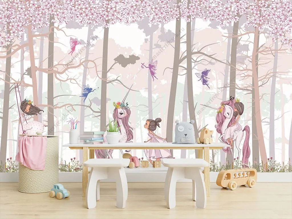 Фотообои в интерьере принцесса и единорог в лесу  14-313 фото