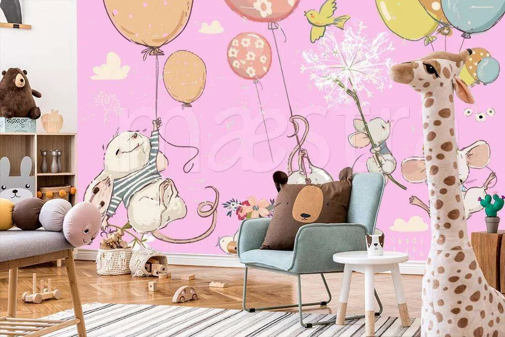 Фотообои в интерьере мыши на шарах на розовом фоне  12-338 фото
